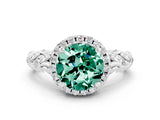 White gold Round Cut Halo Diamond Solitaire with Filigree Band and Four-Prong Setting