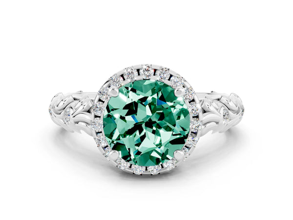 Platinum Round Cut Green Sapphire Halo Ring with Filigree Band and Prong Setting