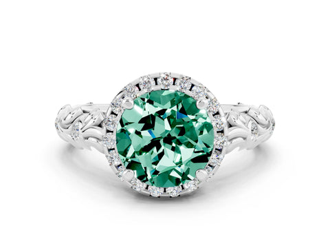 White gold Round Cut Halo Diamond Solitaire with Filigree Band and Four-Prong Setting