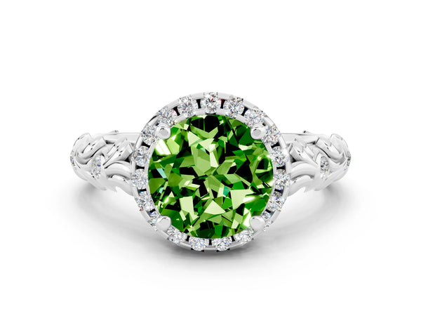Silver Round Cut Peridot Halo Ring with Filigree Band and Prong Setting