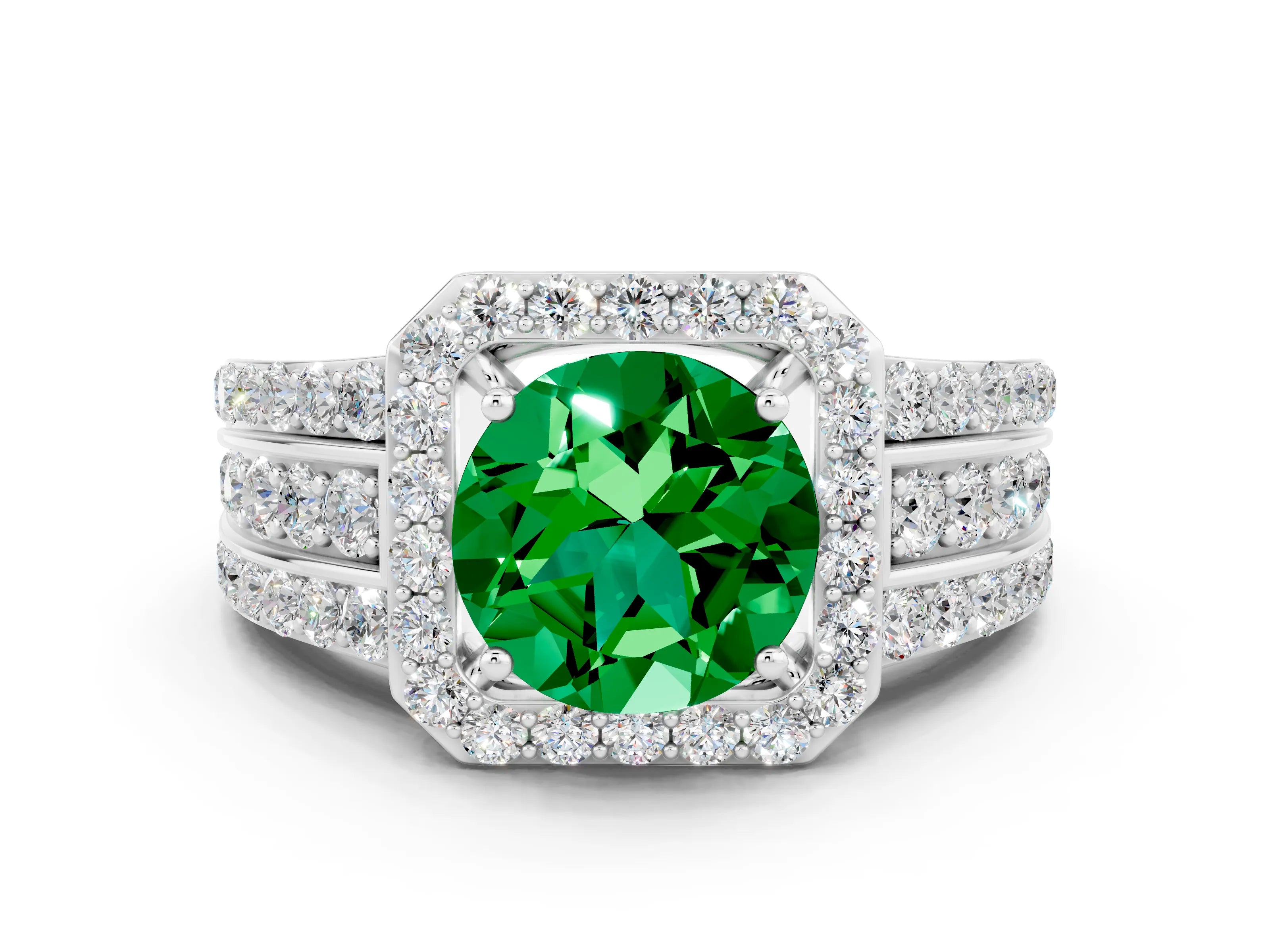 White gold Round Cut Halo Emerald Ring with Round  Split Shank and Prong Setting_12