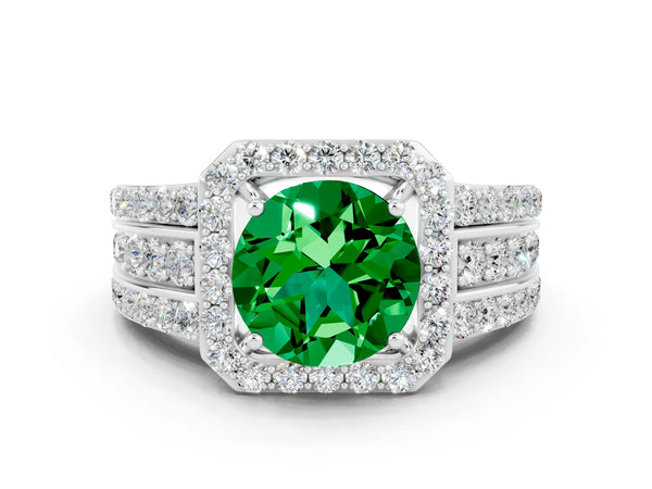 White gold Round Cut Halo Emerald Ring with Round  Split Shank and Prong Setting