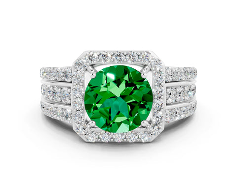 White gold Round Cut Halo Emerald Ring with Round  Split Shank and Prong Setting_12