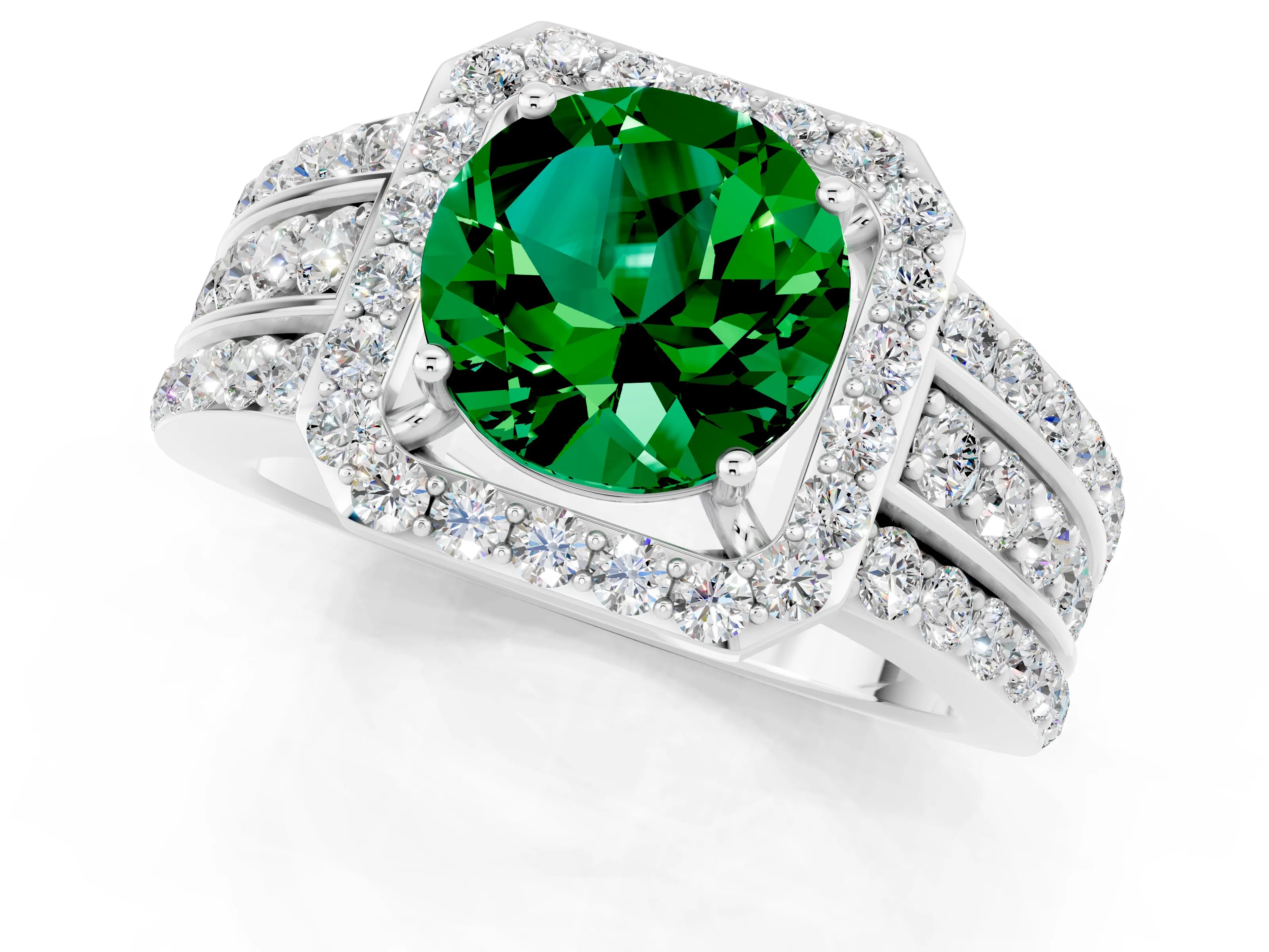 White gold Round Cut Halo Emerald Ring with Round  Split Shank and Prong Setting_13