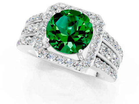 White gold Round Cut Halo Emerald Ring with Round  Split Shank and Prong Setting_13