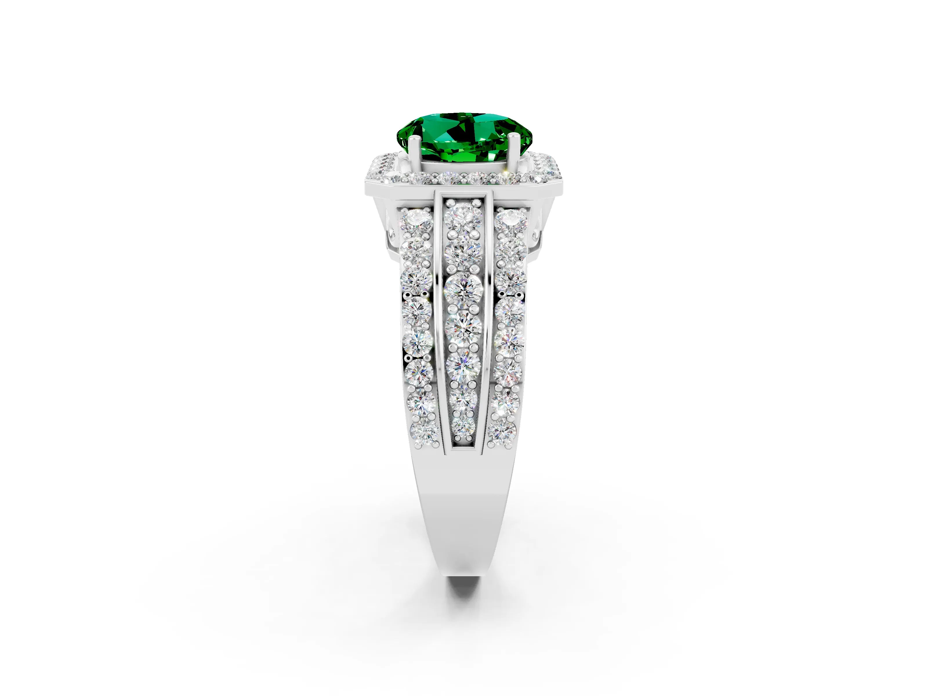 White gold Round Cut Halo Emerald Ring with Round  Split Shank and Prong Setting_14