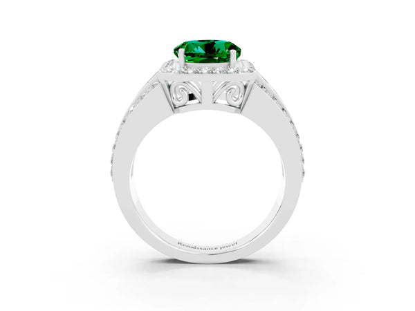 Platinum Round Cut Halo Emerald Ring with Round  Split Shank and Prong Setting