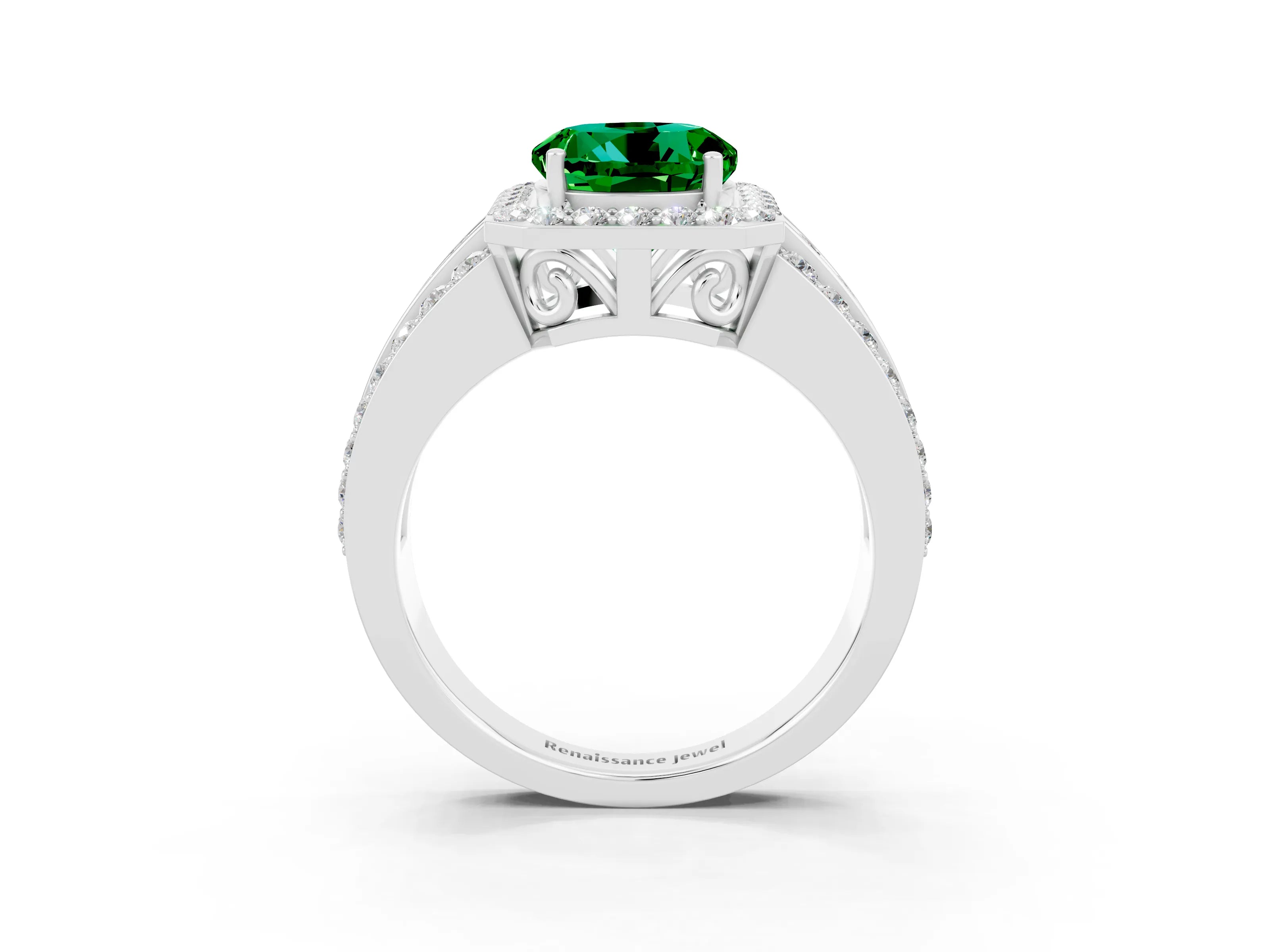 White gold Round Cut Halo Emerald Ring with Round  Split Shank and Prong Setting_15
