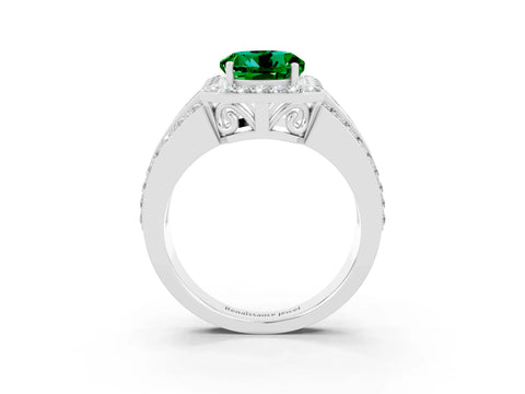 White gold Round Cut Halo Emerald Ring with Round  Split Shank and Prong Setting_15