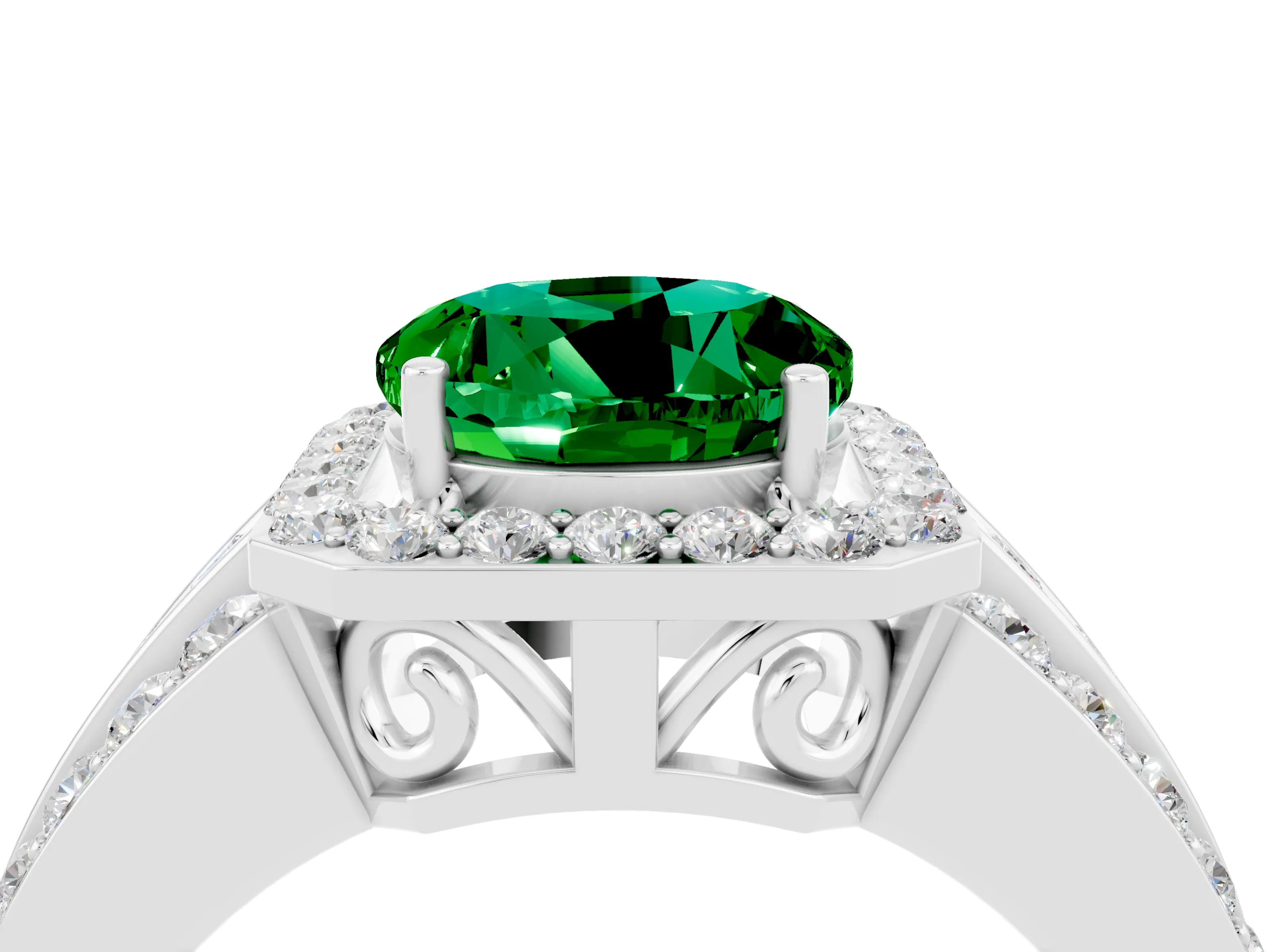 White gold Round Cut Halo Emerald Ring with Round  Split Shank and Prong Setting_16