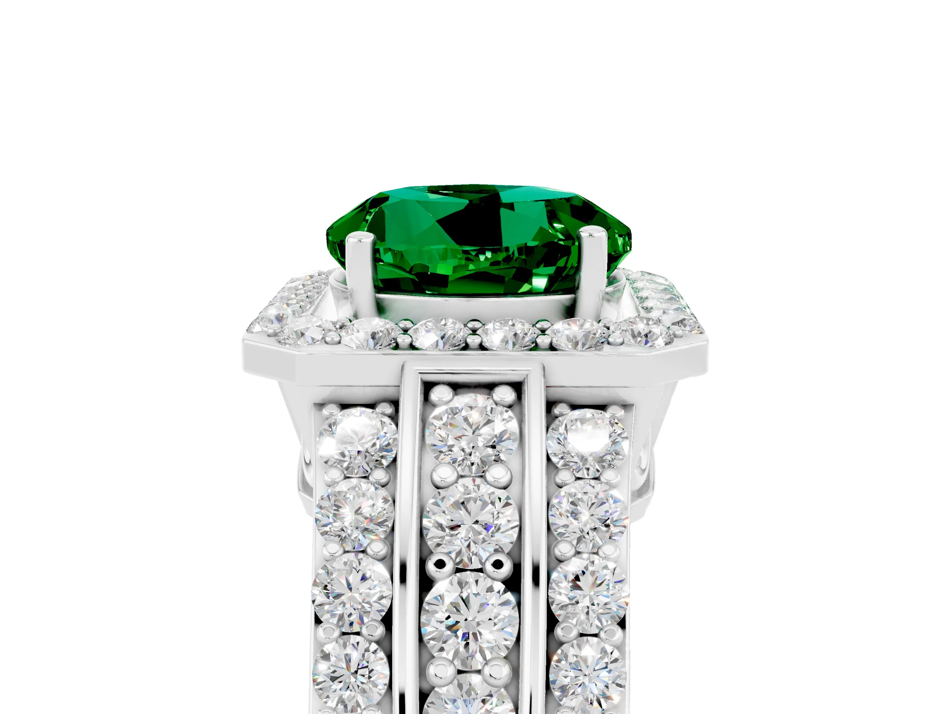 White gold Round Cut Halo Emerald Ring with Round  Split Shank and Prong Setting_17