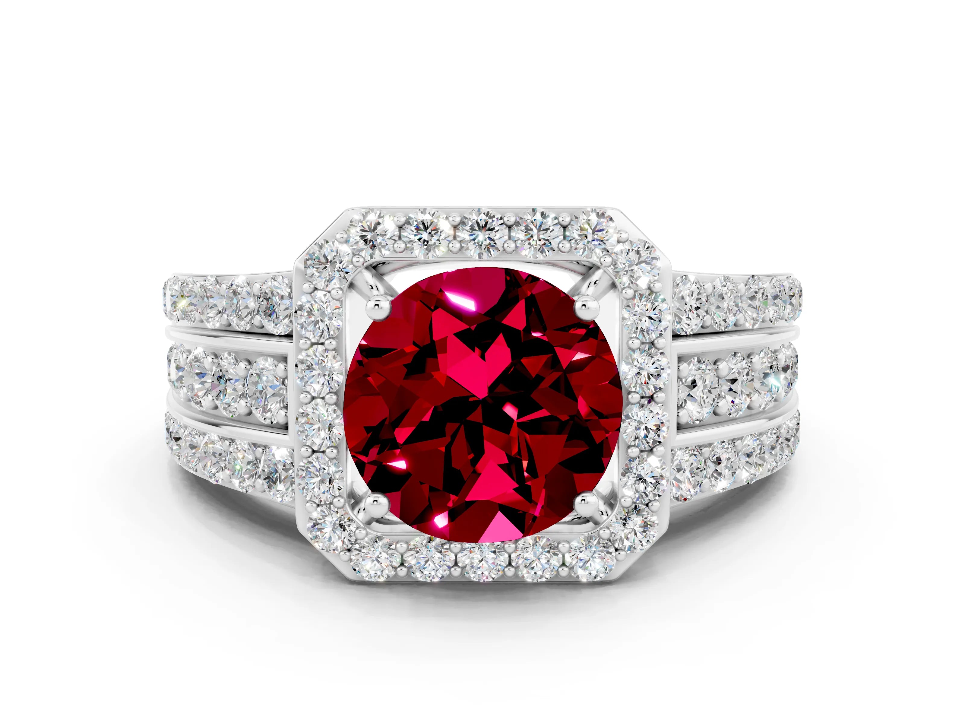 White gold Round Cut Halo Garnet Ring with Round  Split Shank and Prong Setting_12