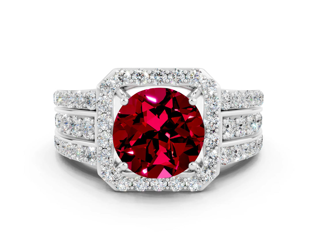 White gold Round Cut Halo Garnet Ring with Round  Split Shank and Prong Setting_12