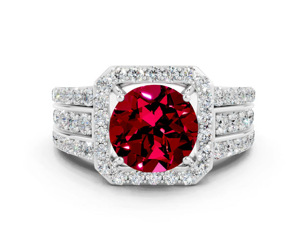 Silver Round Cut Halo Garnet Ring with Round  Split Shank and Prong Setting