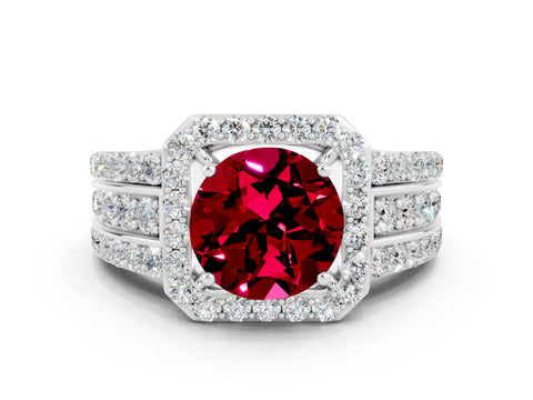 White gold Round Cut Halo Garnet Ring with Round  Split Shank and Prong Setting_12