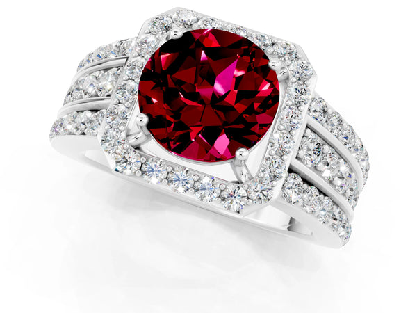 Silver Round Cut Halo Garnet Ring with Round  Split Shank and Prong Setting
