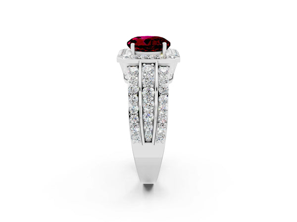 Silver Round Cut Halo Garnet Ring with Round  Split Shank and Prong Setting
