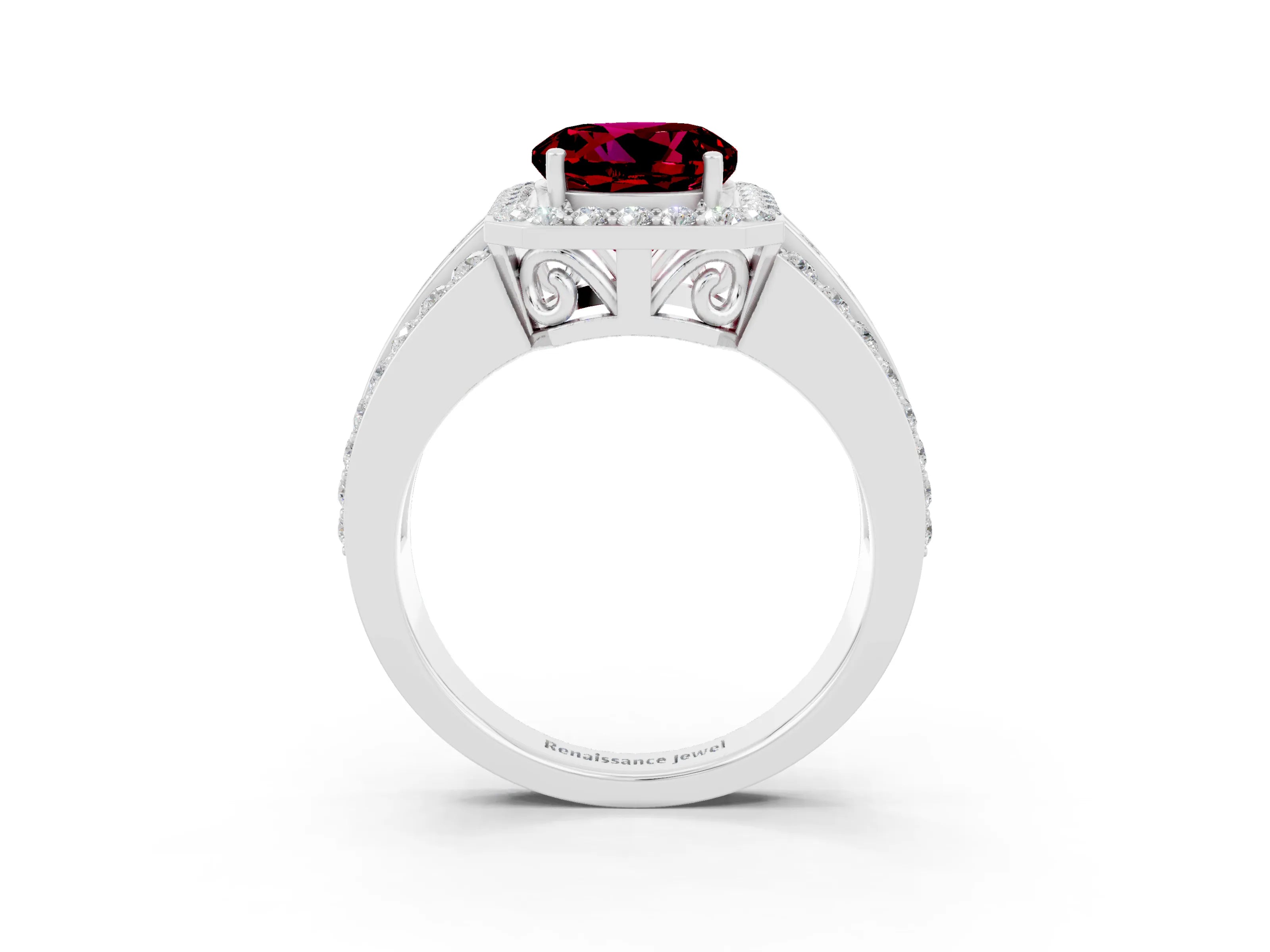 White gold Round Cut Halo Garnet Ring with Round  Split Shank and Prong Setting_15