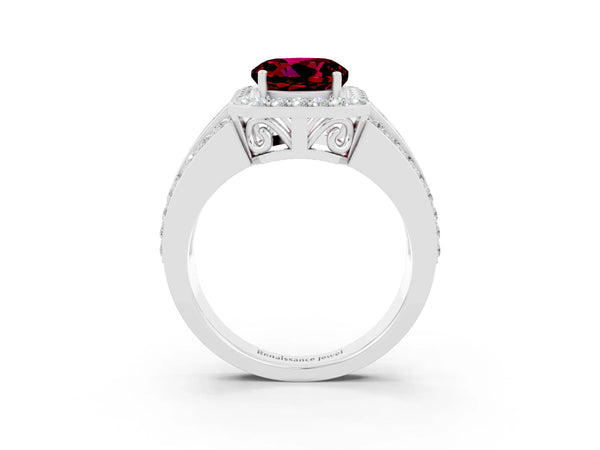 Platinum Round Cut Halo Garnet Ring with Round  Split Shank and Prong Setting