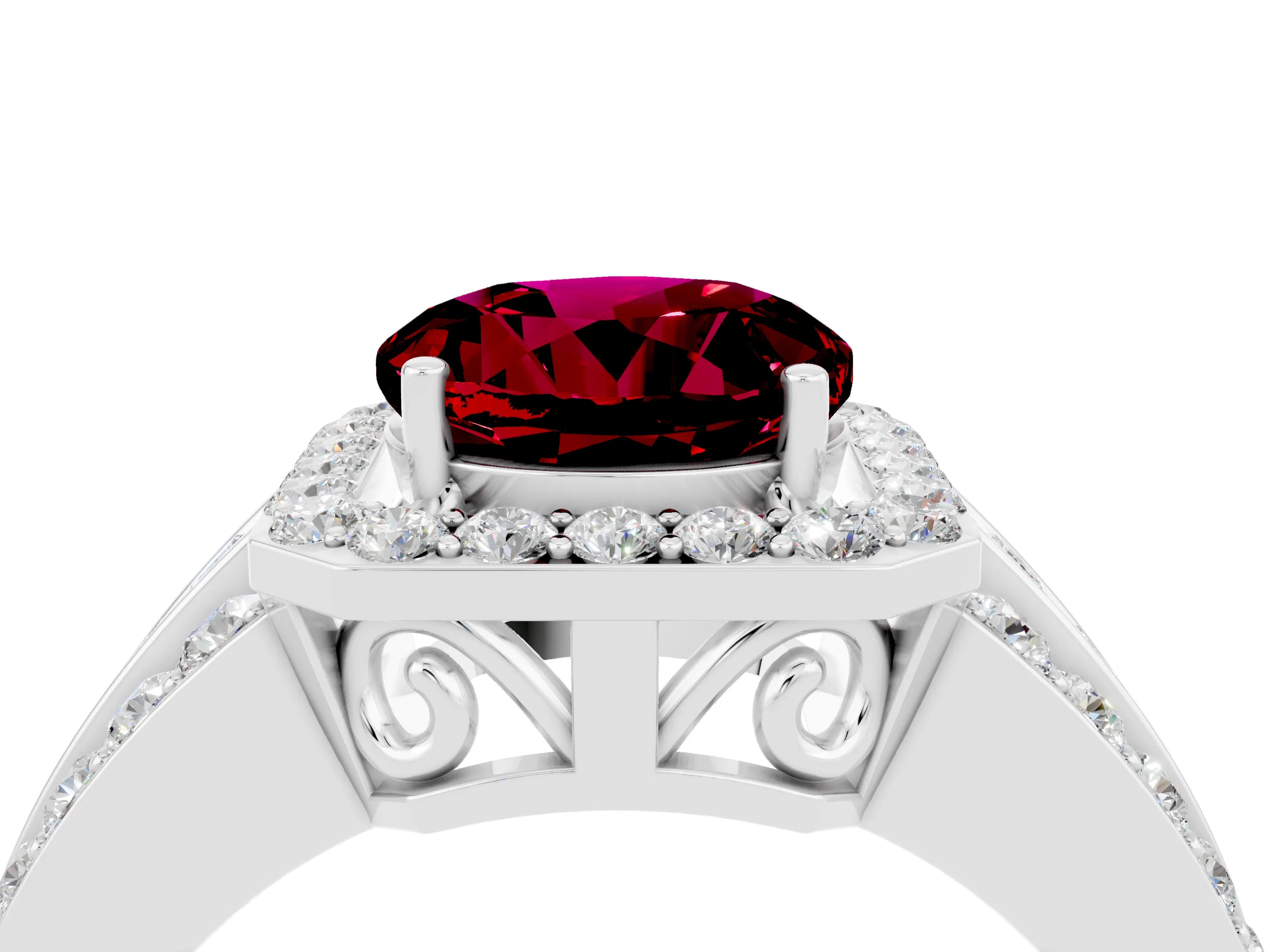 White gold Round Cut Halo Garnet Ring with Round  Split Shank and Prong Setting_16
