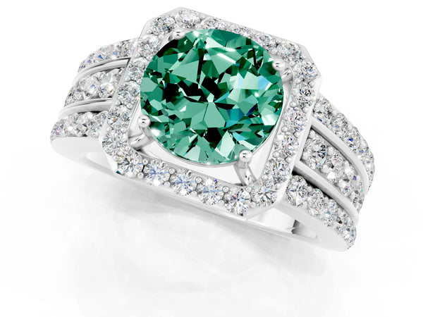 Platinum Round Cut Halo Green Sapphire Ring with Round  Split Shank and Prong Setting