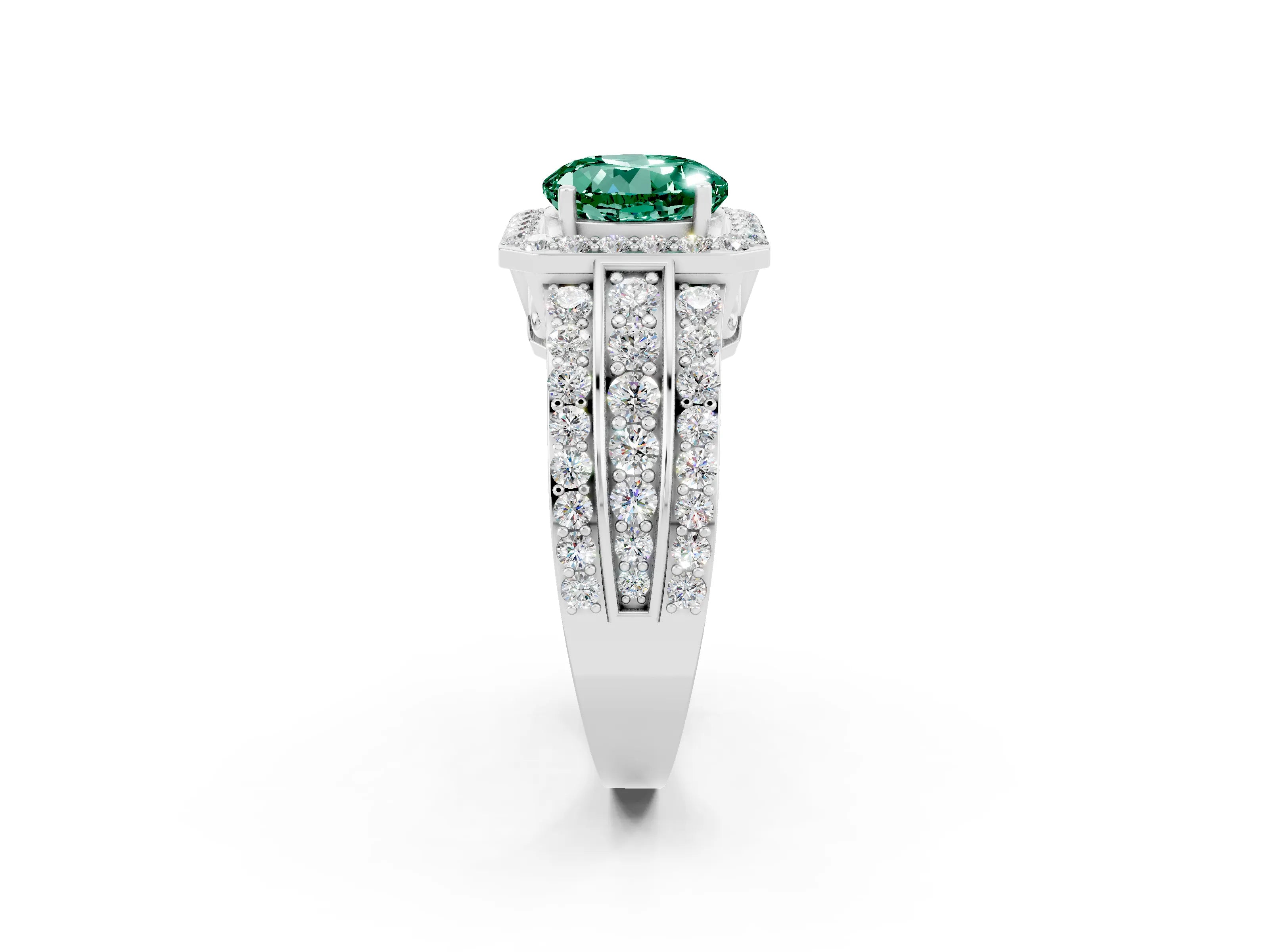 White gold Round Cut Halo Green Sapphire Ring with Split Shank and Four-Prong Setting_2