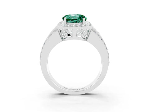 White gold Round Cut Halo Green Sapphire Ring with Split Shank and Four-Prong Setting_3