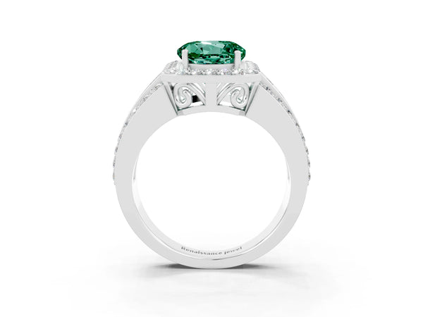 White gold Round Cut Halo Green Sapphire Ring with Round  Split Shank and Prong Setting