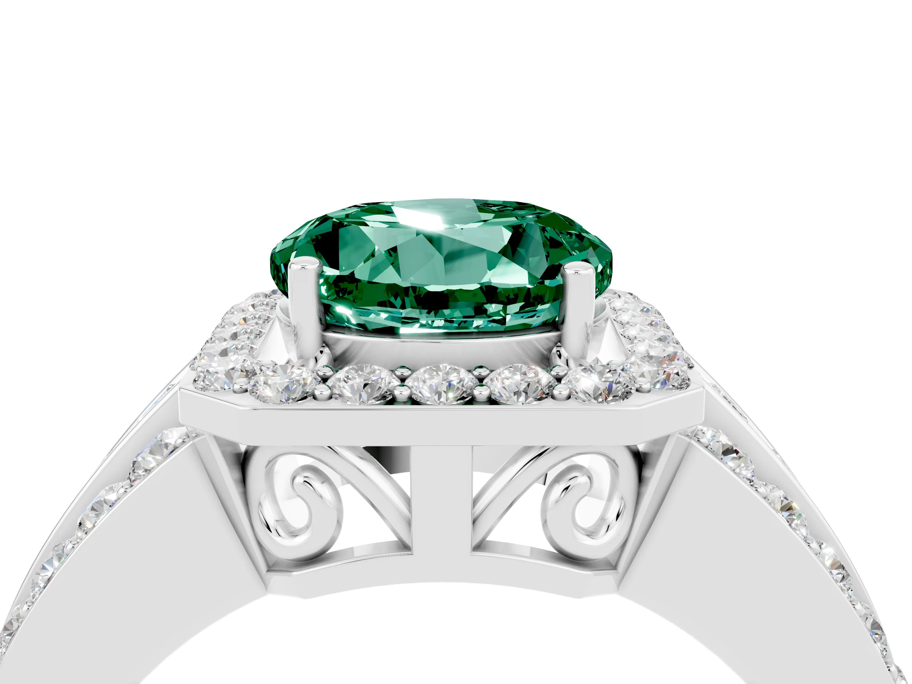 White gold Round Cut Halo Green Sapphire Ring with Split Shank and Four-Prong Setting_4