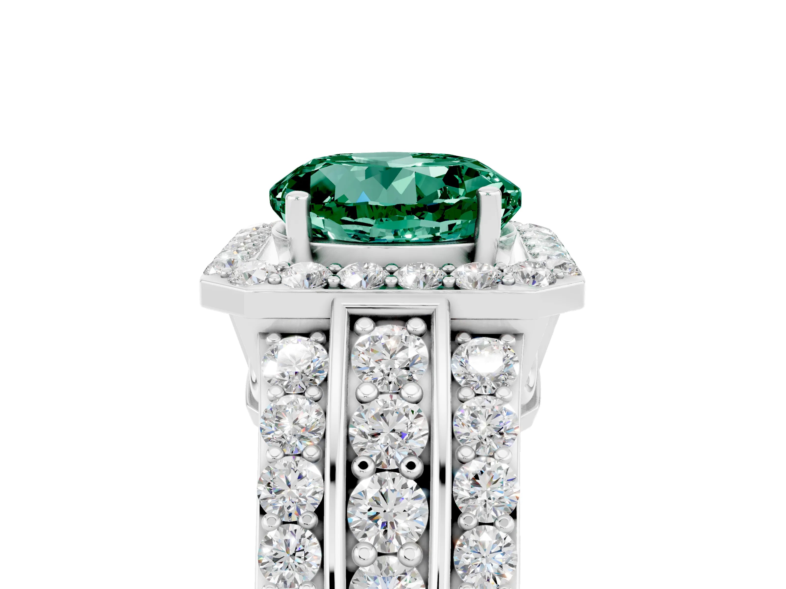 White gold Round Cut Halo Green Sapphire Ring with Split Shank and Four-Prong Setting_5