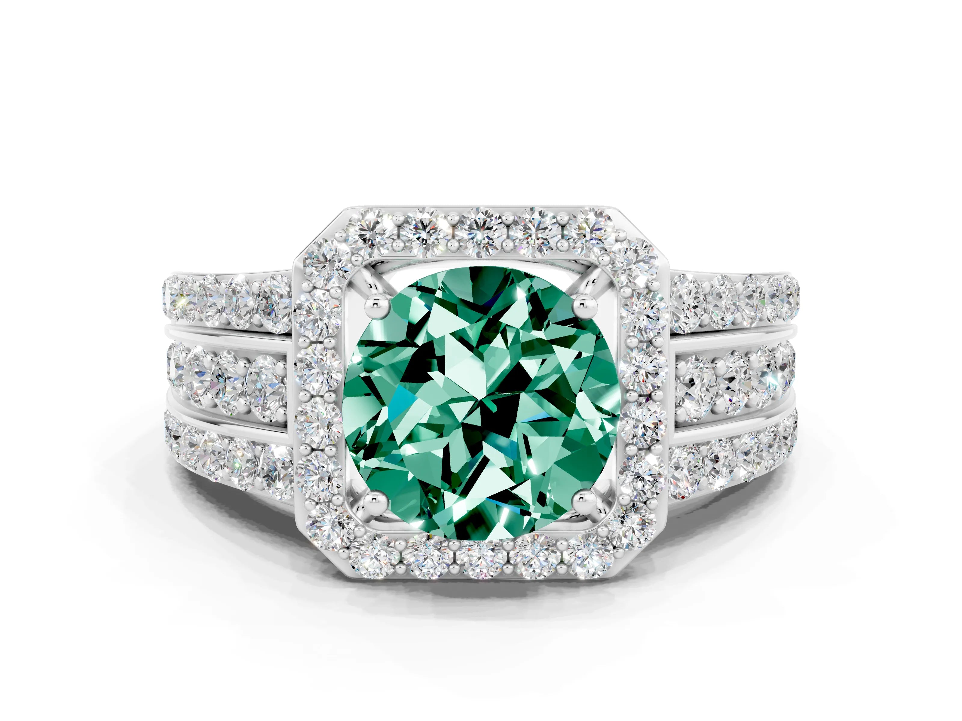 White gold Round Cut Halo Green Sapphire Ring with Split Shank and Four-Prong Setting