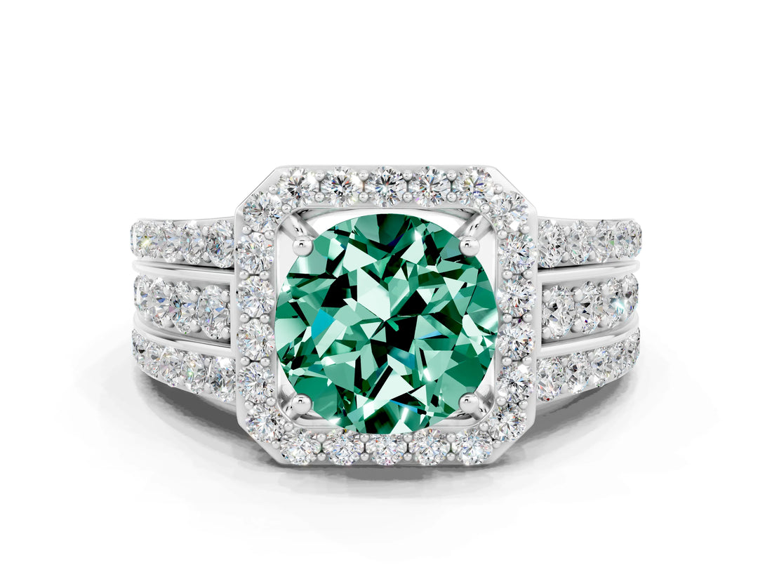 White gold Round Cut Halo Green Sapphire Ring with Split Shank and Four-Prong Setting