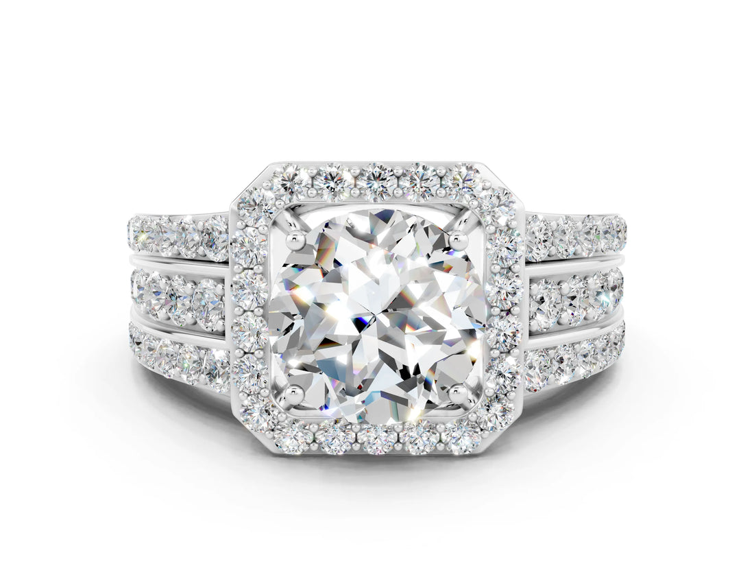 White gold Round Cut Halo Moissanite Ring with Round  Split Shank and Prong Setting_12