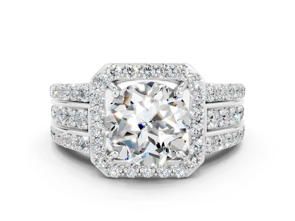 White gold Round Cut Halo Moissanite Ring with Round  Split Shank and Prong Setting