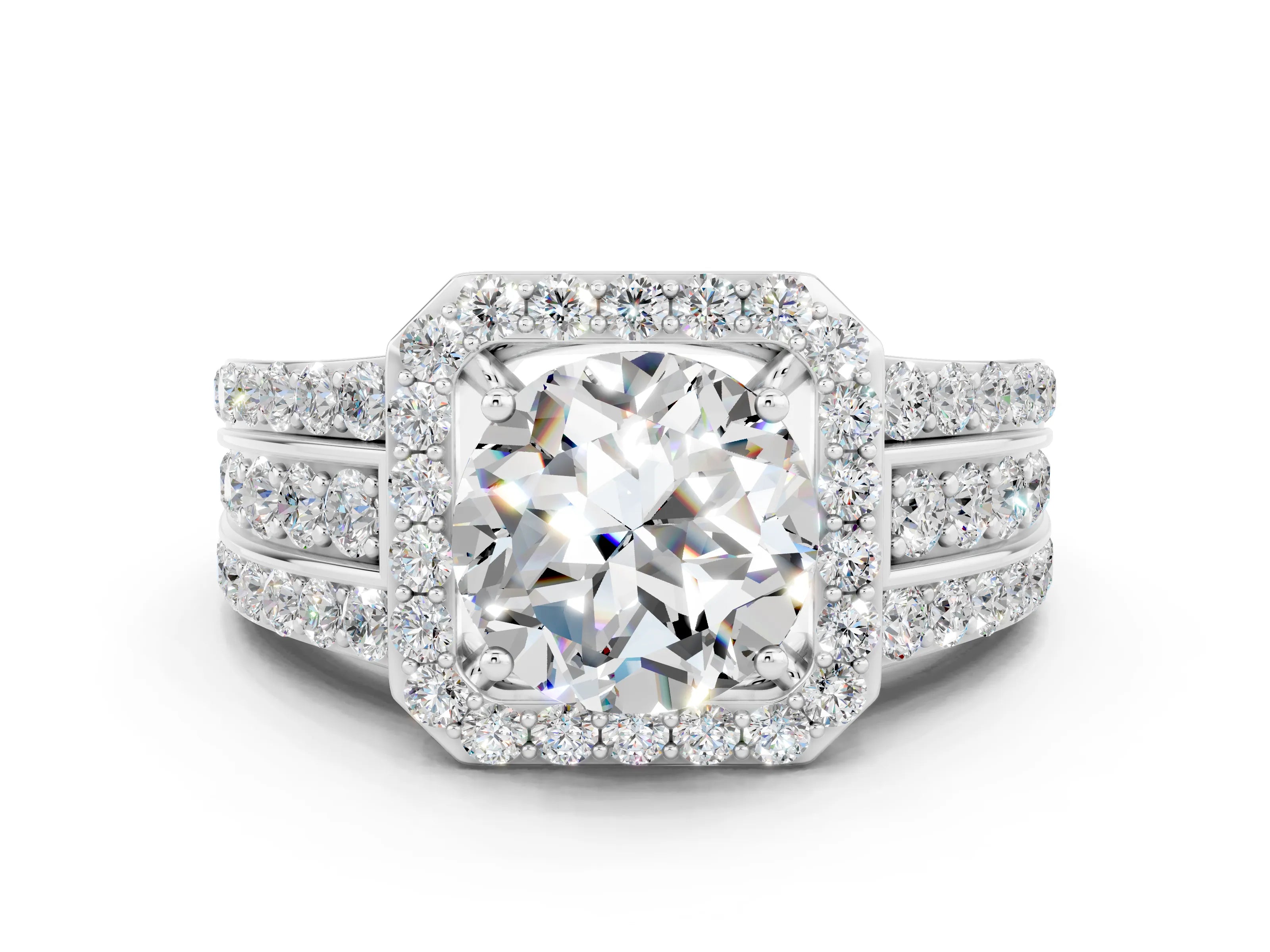 White gold Round Cut Halo Moissanite Ring with Round  Split Shank and Prong Setting_12