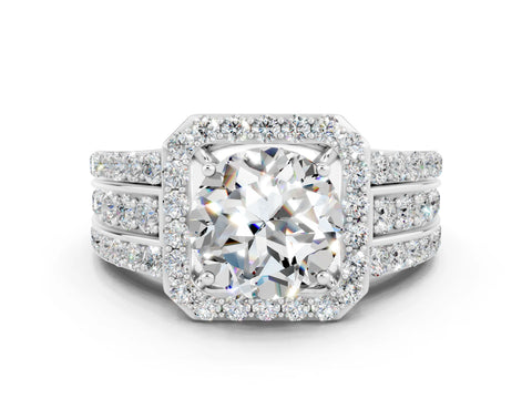 White gold Round Cut Halo Moissanite Ring with Round  Split Shank and Prong Setting_12