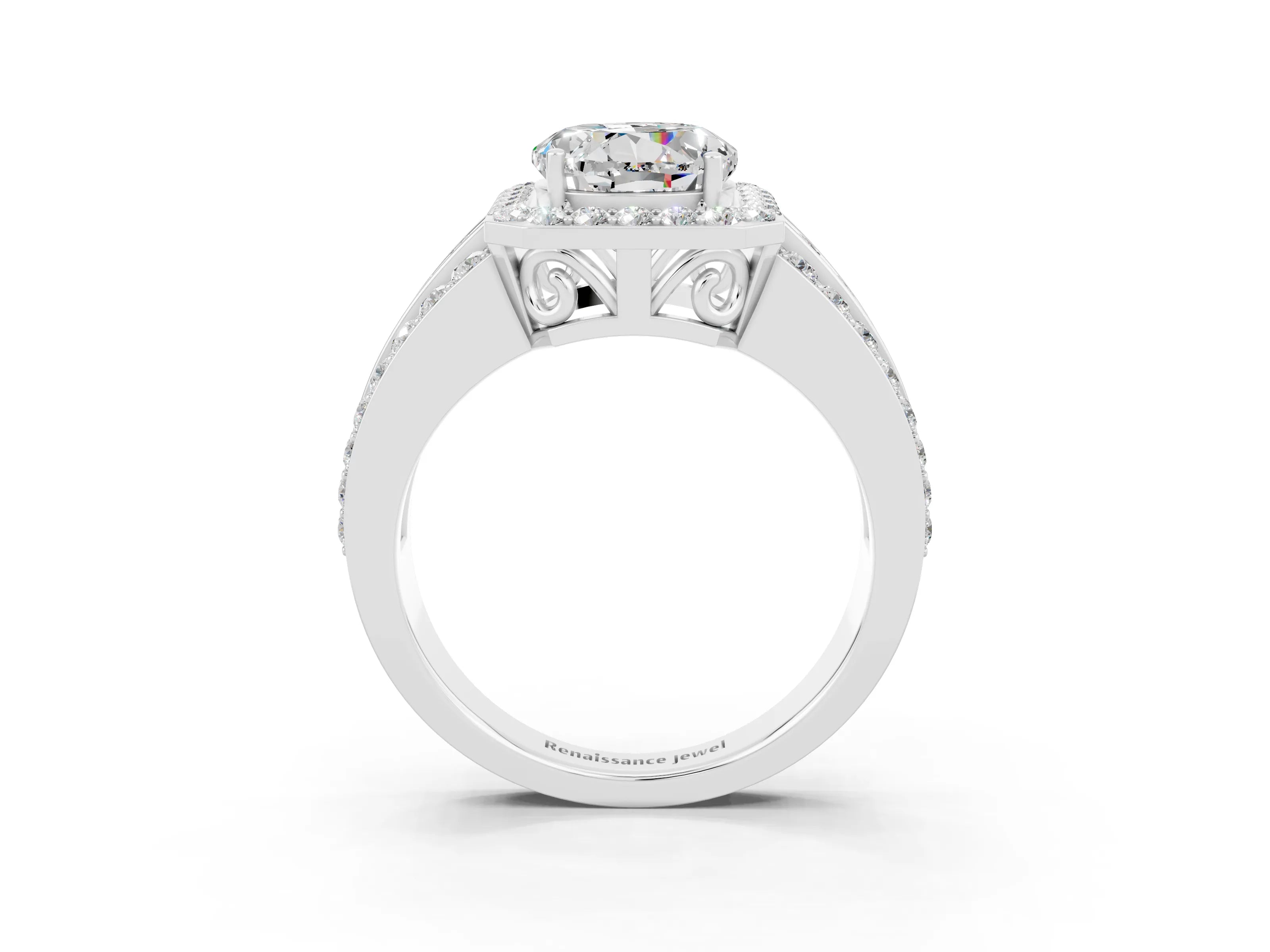 White gold Round Cut Halo Moissanite Ring with Round  Split Shank and Prong Setting_15