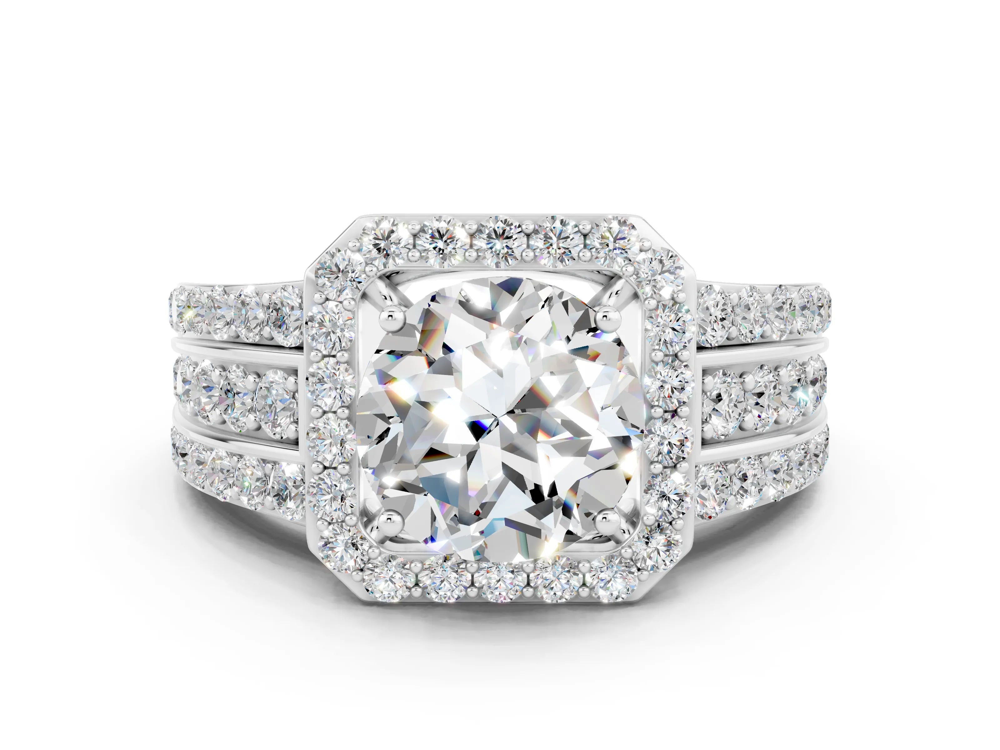 White gold Round Cut Halo Moissanite Ring with Split Shank and Four-Prong Setting