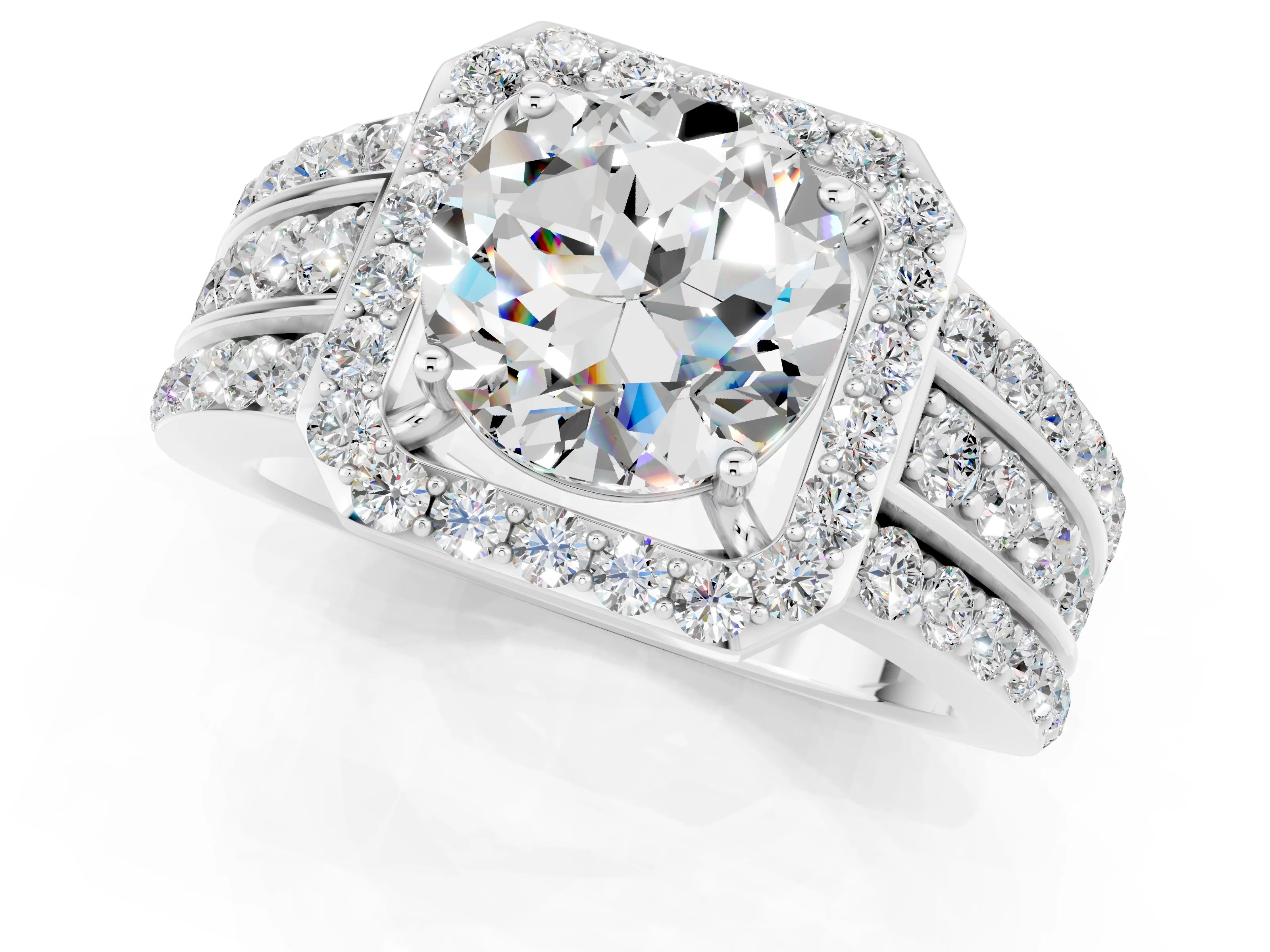 White gold Round Cut Halo Moissanite Ring with Split Shank and Four-Prong Setting_1