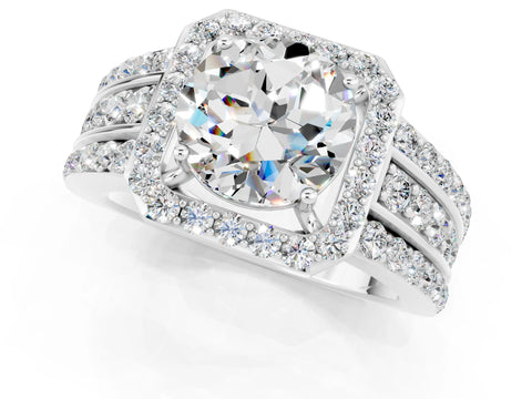 White gold Round Cut Halo Moissanite Ring with Split Shank and Four-Prong Setting_1