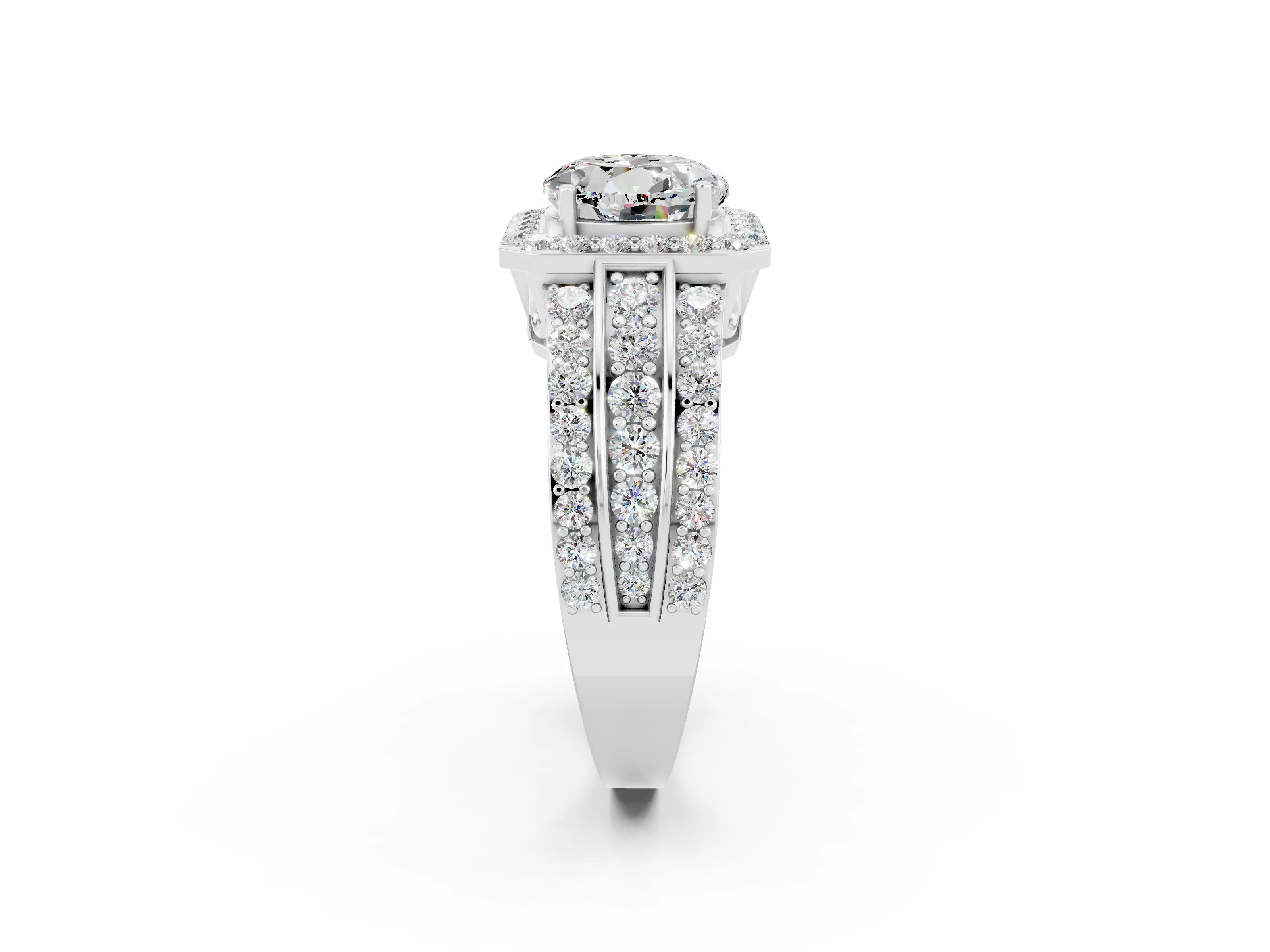 White gold Round Cut Halo Moissanite Ring with Split Shank and Four-Prong Setting_2