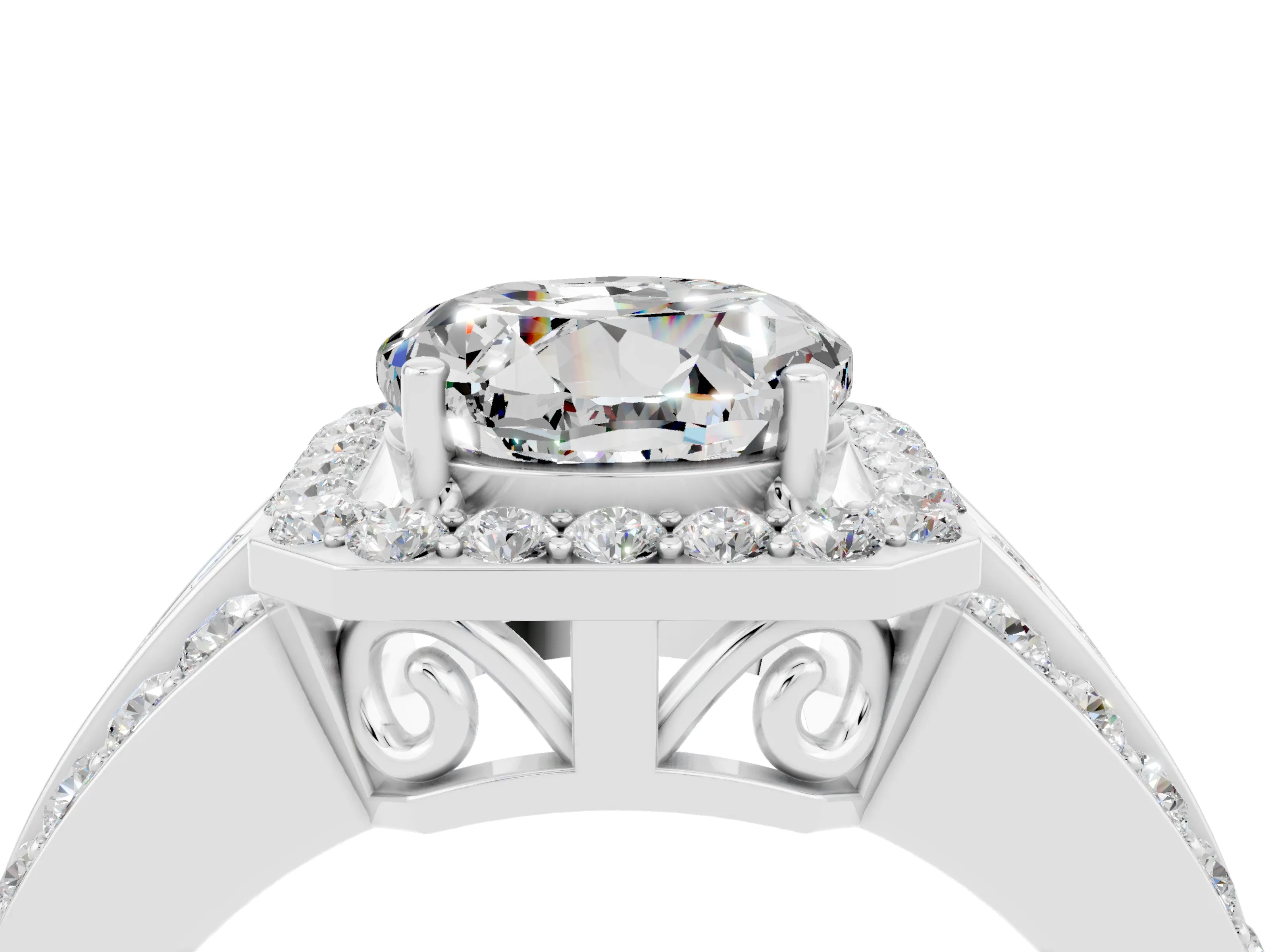 White gold Round Cut Halo Moissanite Ring with Split Shank and Four-Prong Setting_4