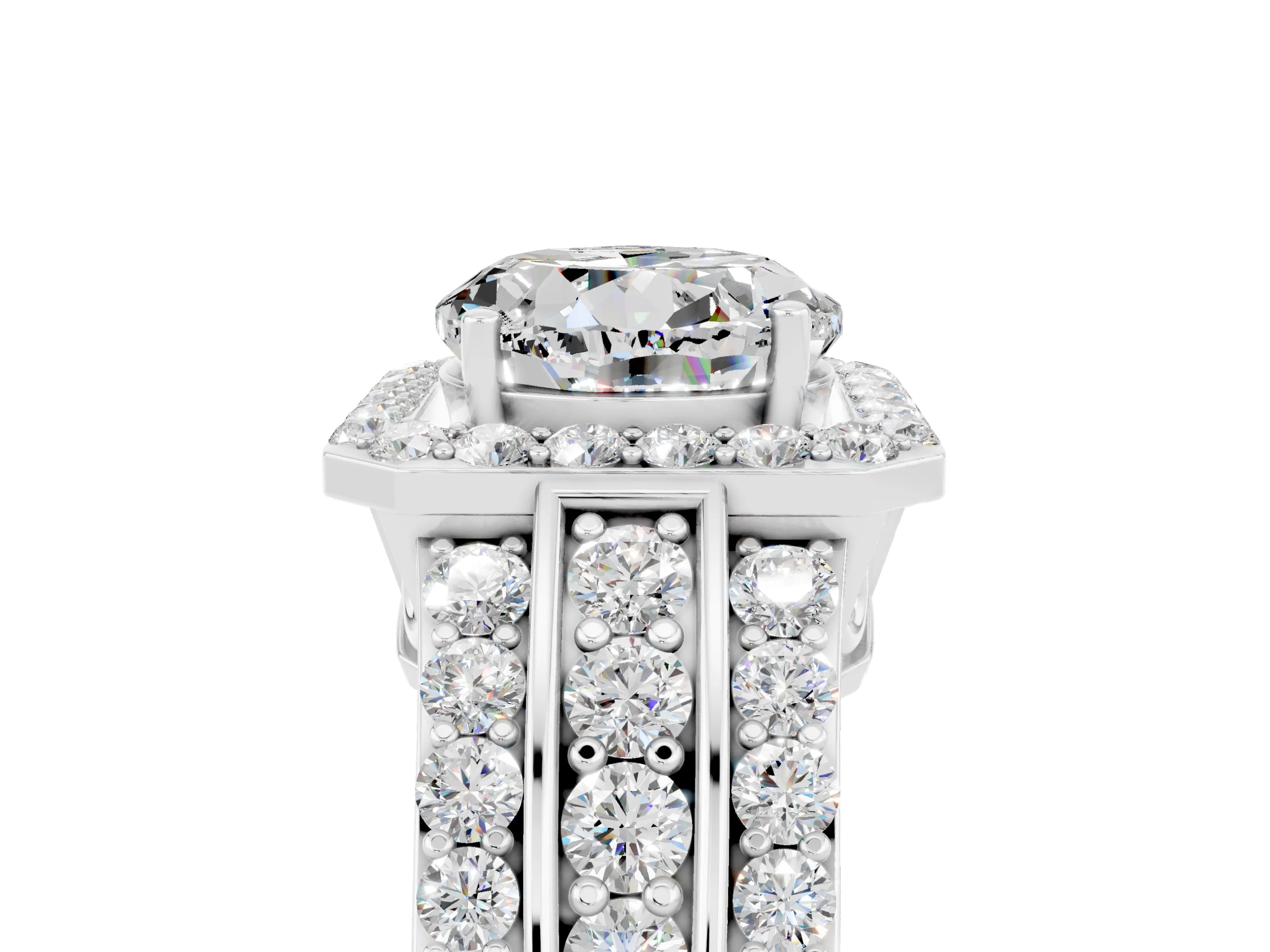 White gold Round Cut Halo Moissanite Ring with Split Shank and Four-Prong Setting_5