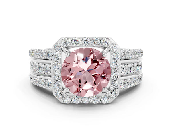 Silver Round Cut Halo Morganite Ring with Round  Split Shank and Prong Setting