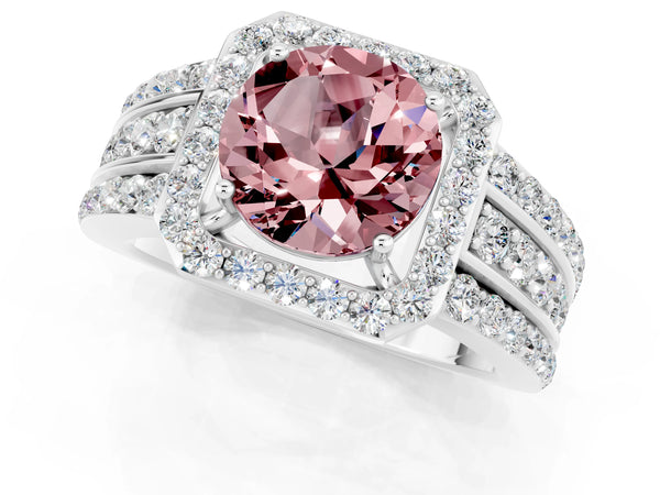 Platinum Round Cut Halo Morganite Ring with Round  Split Shank and Prong Setting