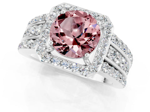 White gold Round Cut Halo Morganite Ring with Round  Split Shank and Prong Setting_13