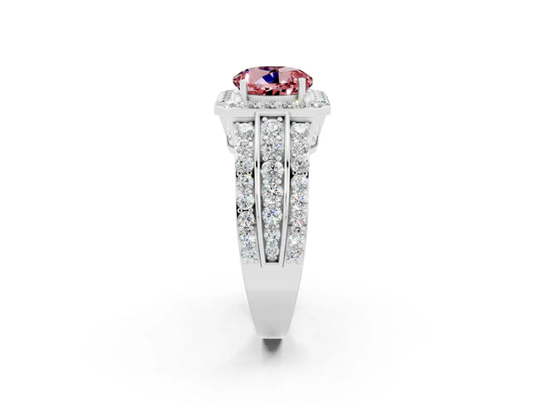 Platinum Round Cut Halo Morganite Ring with Round  Split Shank and Prong Setting