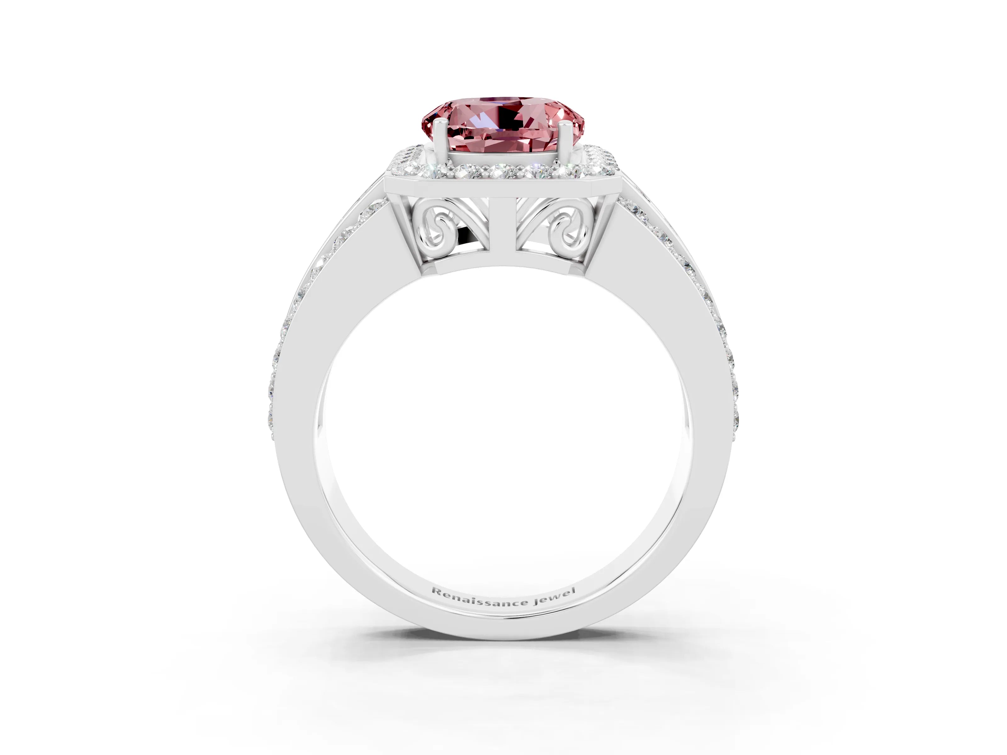White gold Round Cut Halo Morganite Ring with Round  Split Shank and Prong Setting_15