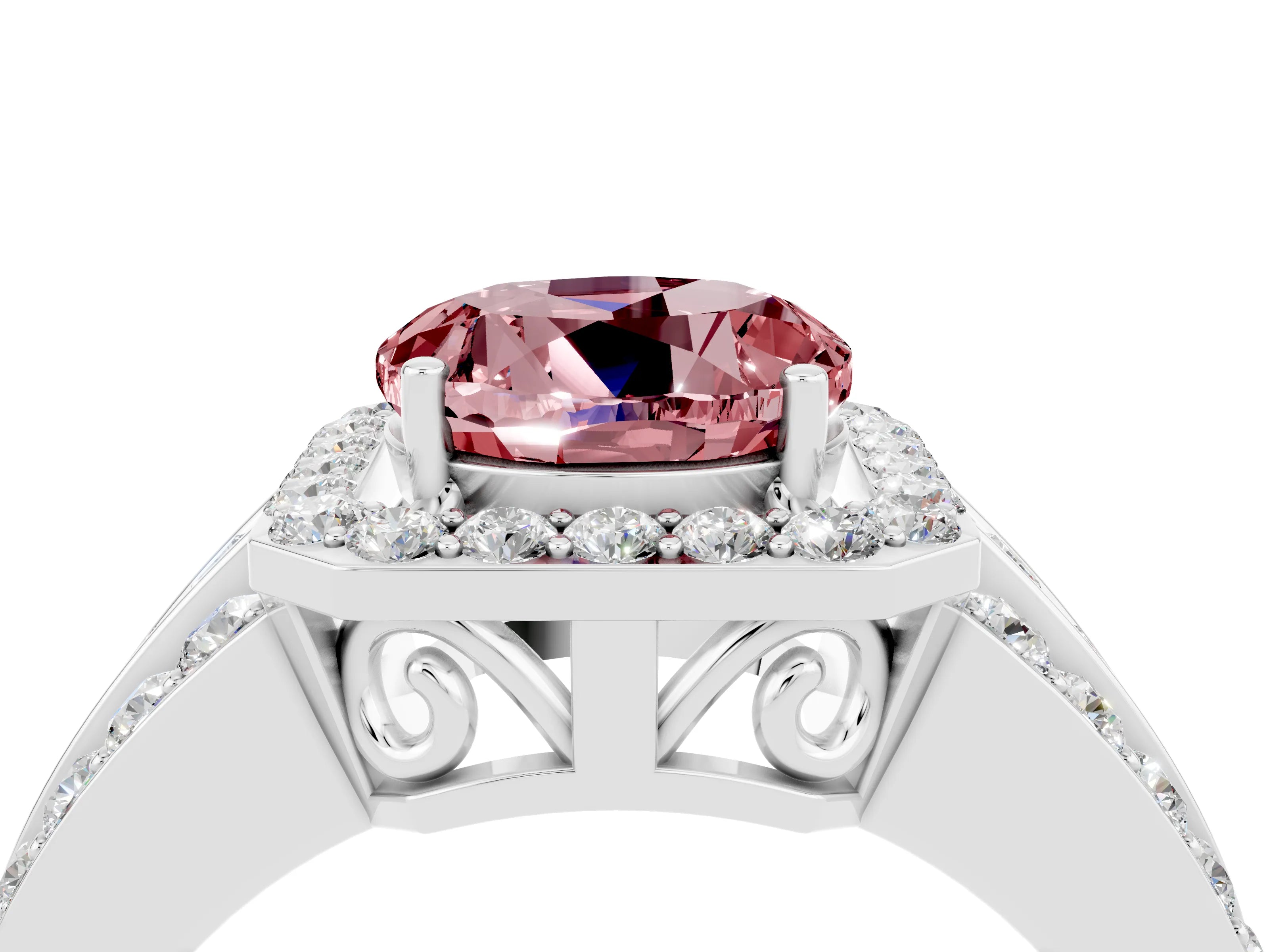 White gold Round Cut Halo Morganite Ring with Round  Split Shank and Prong Setting_16