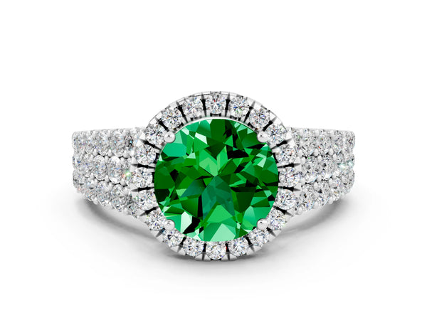 Platinum Round Cut Emerald Halo Engagement Ring with Triple Row Round Pavé Band and Prong Setting